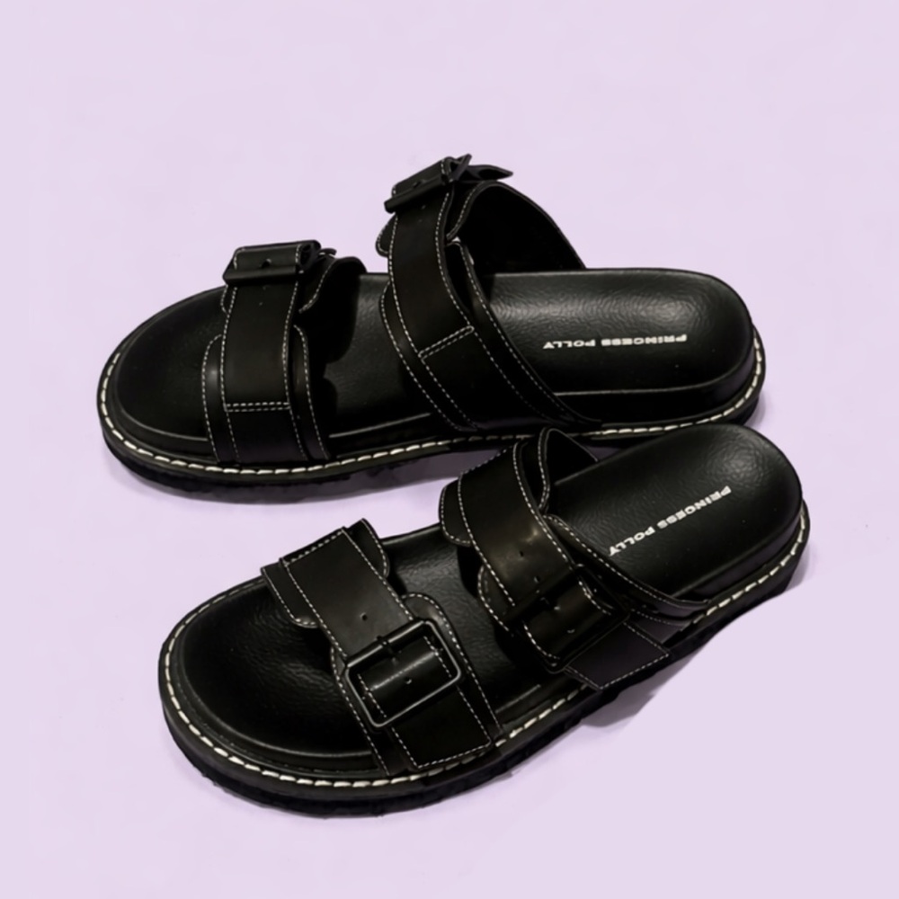Princess Polly Black Double Strap Buckle Slides
